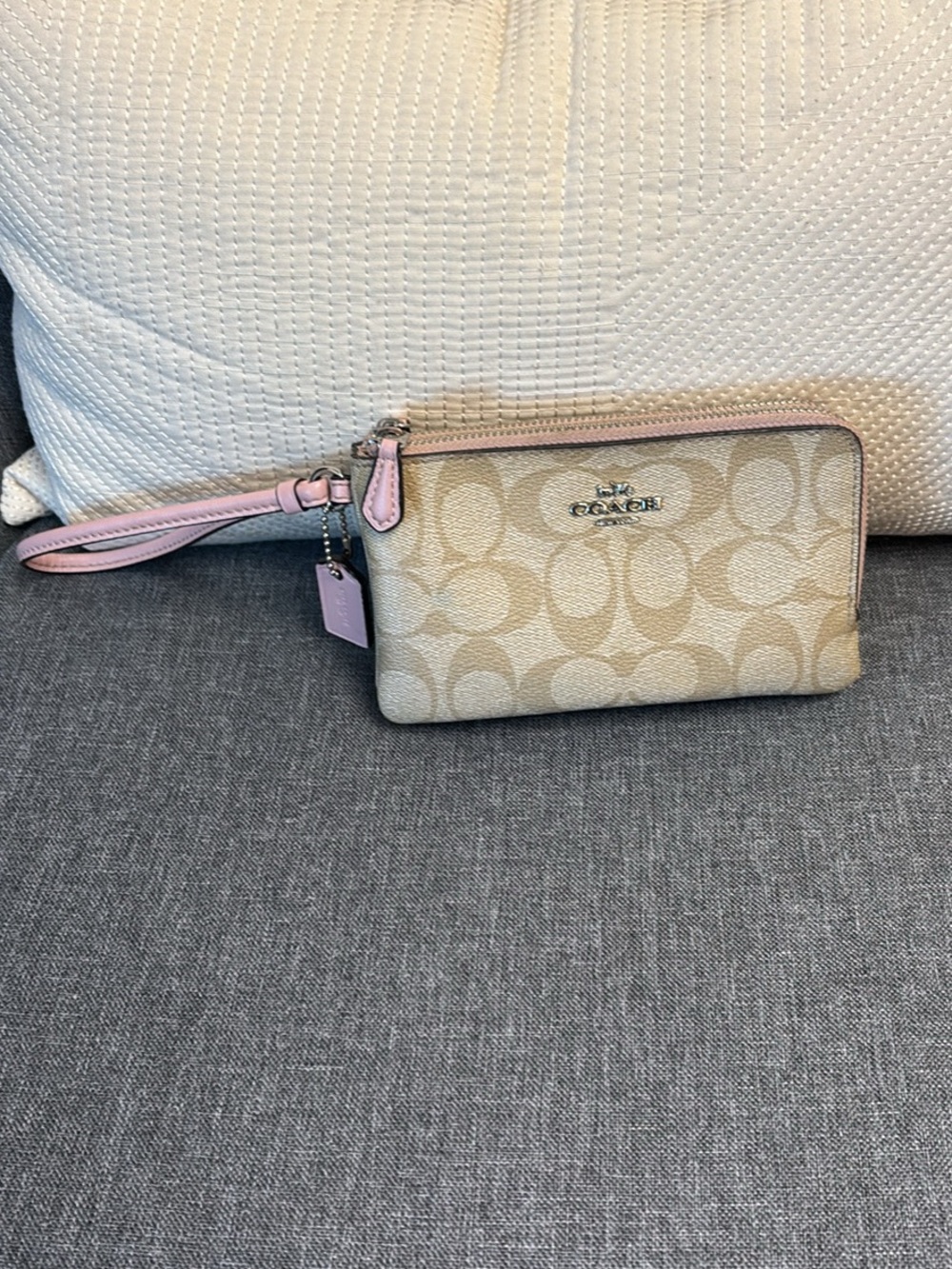 Coach Beige Signature Canvas Wristlet with Pink Trim